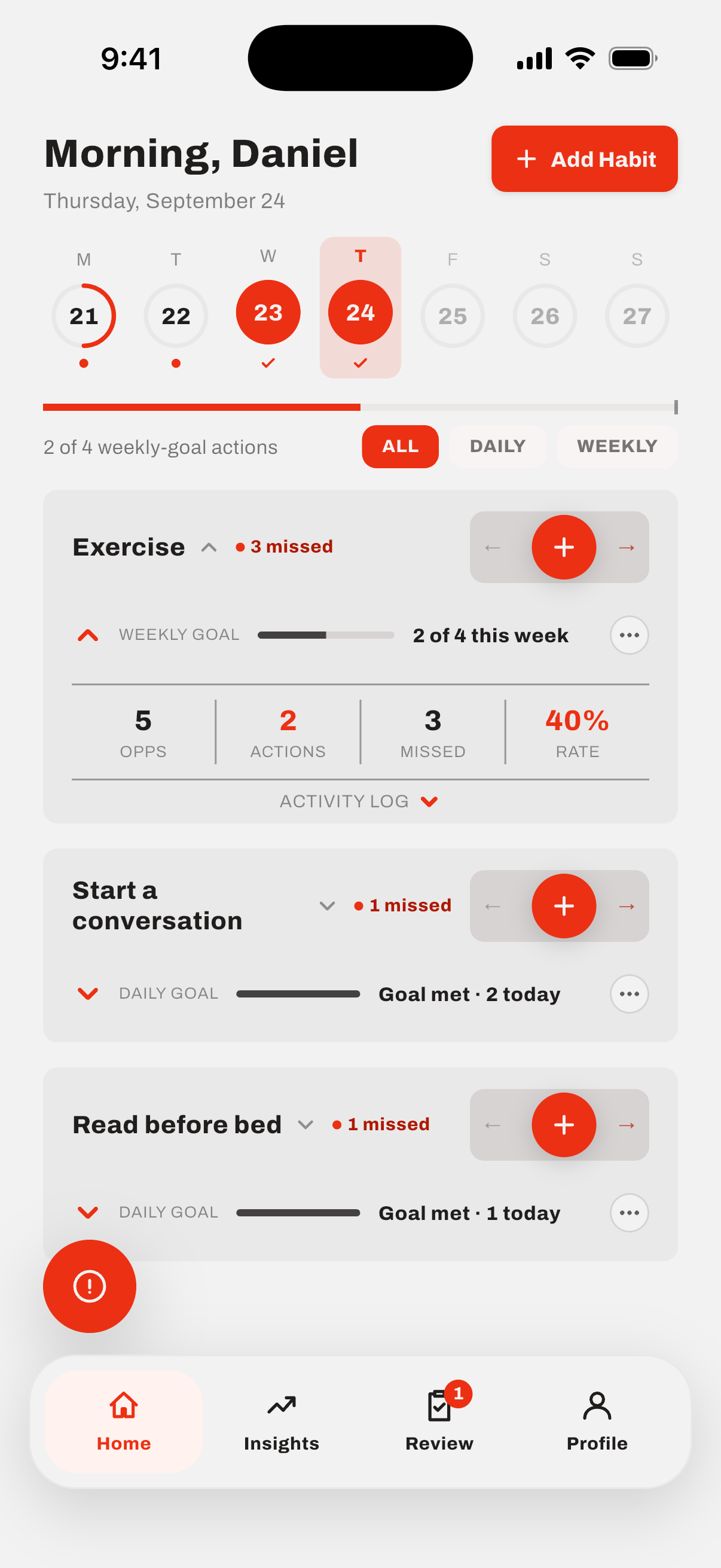 The home screen, one slider per habit with a quick-log button on its goal row, the weekly-goal bar and the All/Daily/Weekly filter