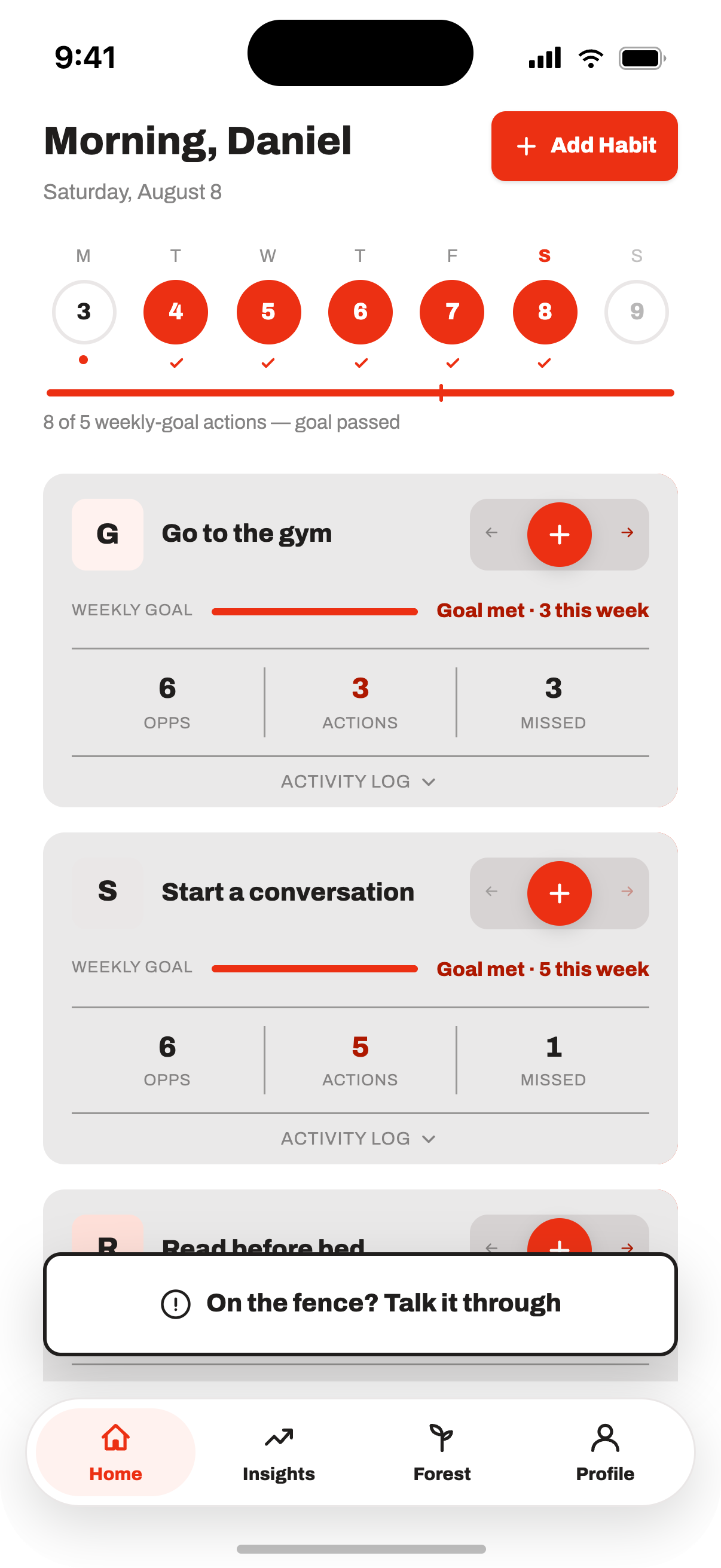 The home screen, one slider per habit with the weekly-goal bar